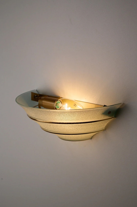 Mid-Century Blue Glass Shell Wall Sconce with Gold Stripes, Wall lights, Brass, Mid Century Modern (photo 7 of 8)