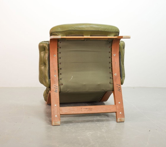 Image 1 of Supercomfy Mid-Century Design Set of 2 Rybo Rykken Capitonated Leather Ry-Wing Lounge Chairs by Elsa and Nordahl Solheim, 1960s.