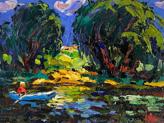 Image 1 of Original Oil Painting Summer River Landscape Evening colors of the sky