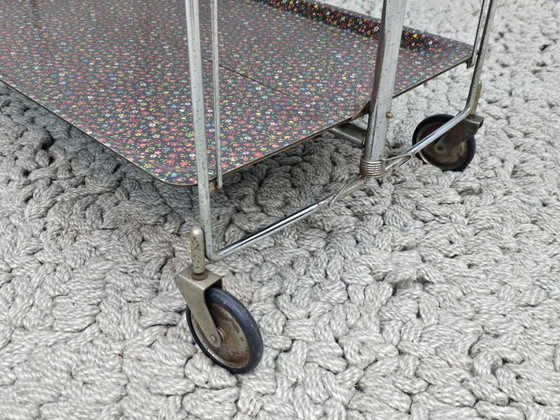 Image 1 of Vintage Foldable and Mobile Chrome Steel 2 Floral Decorated Layers ‘Dinett’ Serving Trolley by Gerlinol, Germany, 1970s. 