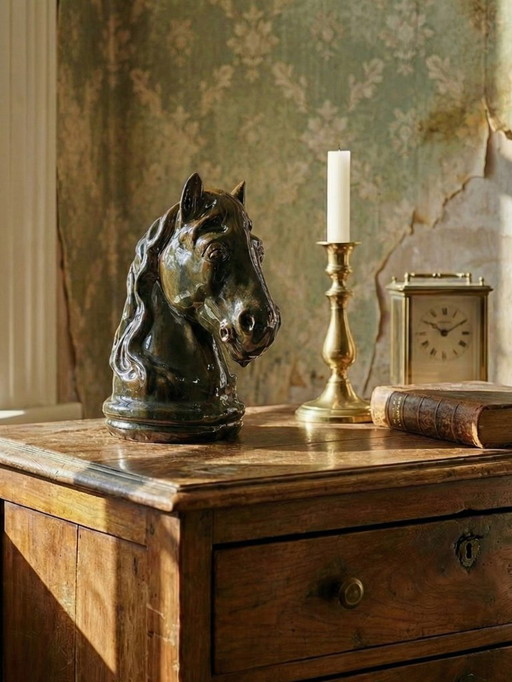 Tête de cheval ou cavalier d'échecs en terre cuite glacée vintage années 80