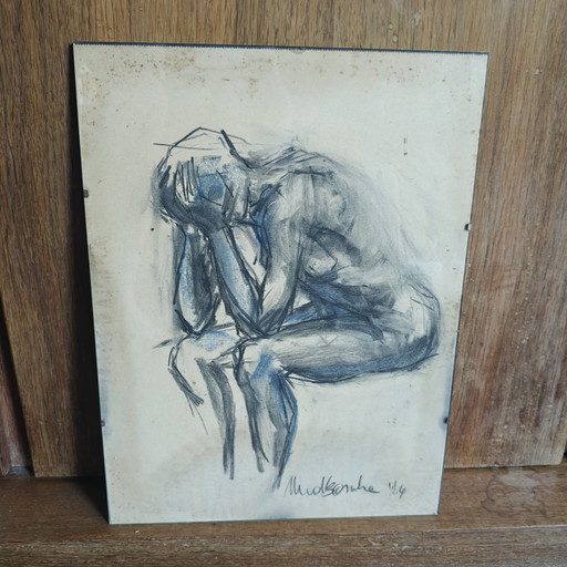 Expressive Charcoal & Pastel Figure Study, Signed & Dated 1984 – 40 × 30 cm
