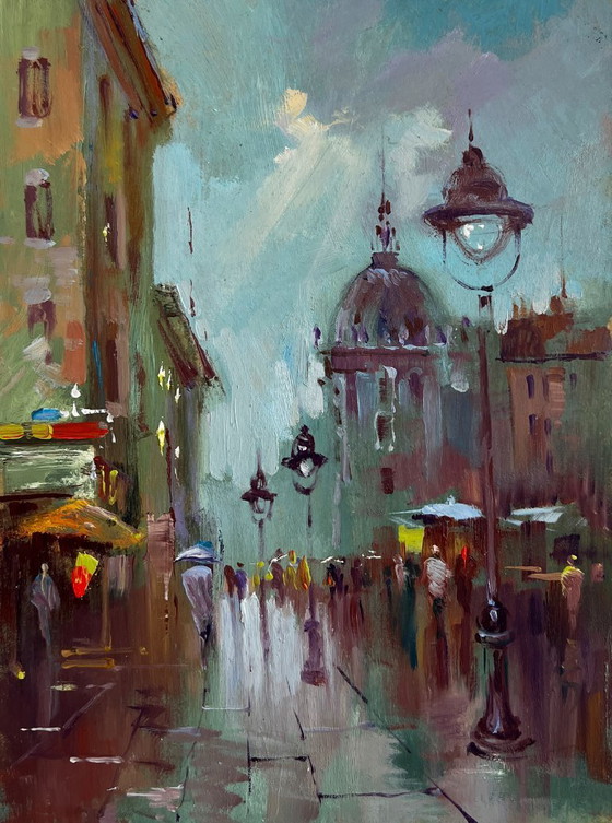 Image 1 of Origineel olieverfschilderij: Zomers stadslandschap. De drukte van het stadsleven.
