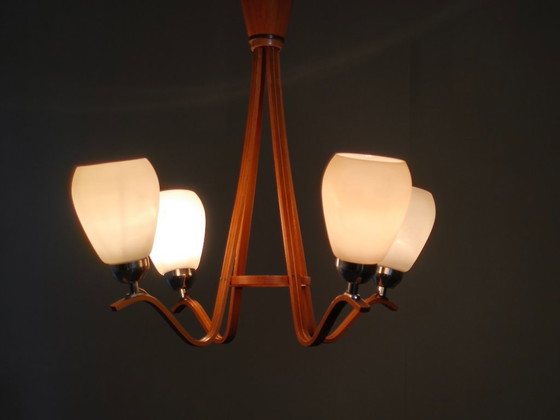Image 1 of Pair of Czech Mid-Century Wood and Glass Chandeliers by Dřevo Humpolec