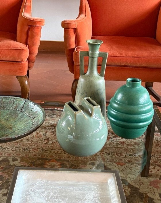 Image 1 of Mid-century Modern green spherical stoneware vase, Franco Bucci Italy ca. 1970