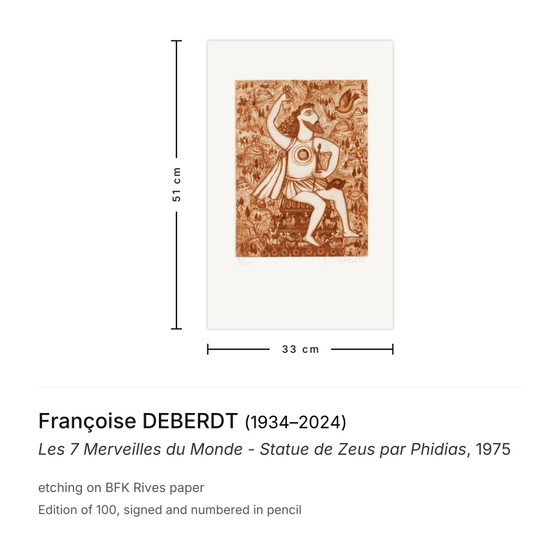 Françoise Deberdt Signed Etching Les 7 Merveilles Du Monde - Statue De Zeus Par (photo 3 of 5)