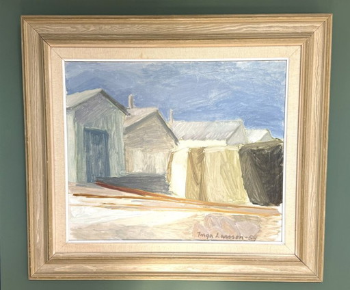 Pintura al óleo vintage (1954) 'Casas de playa' de la pintora sueca Inga Larsson