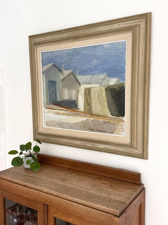 Image 1 of Vintage (1954) olieverfschilderij 'Strandhuizen' van de Zweedse schilder Inga Larsson
