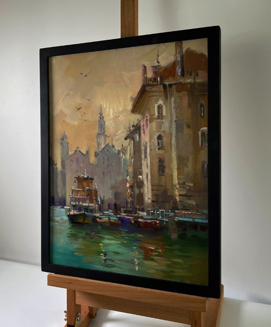 Original Oil Painting Urban Landscape Architecture River Pier City Sailboats – Paintings & Drawings, Mdf (photo 3 of 9)