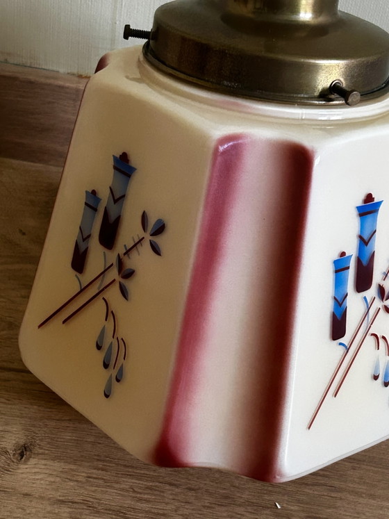 Exklusive Art-Deco-Pendelleuchte aus den 1930er-Jahren – Sechseckiges Opalglas mit Sprühdekor – Art Deco (photo 5 of 9)