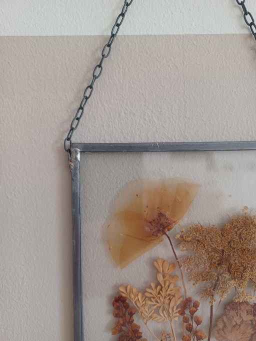 Geperst Glas in Lood. Botanisch Kunstwerkje. Gedroogde Bloemen.