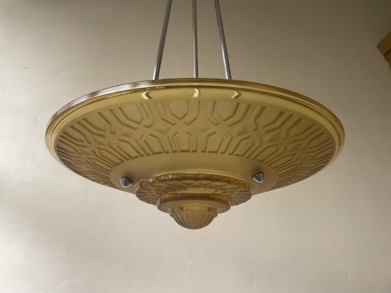 Image 1 of Lamp Schaallamp Art Deco Jaren 30 Amber Geel Verchroomd Frans