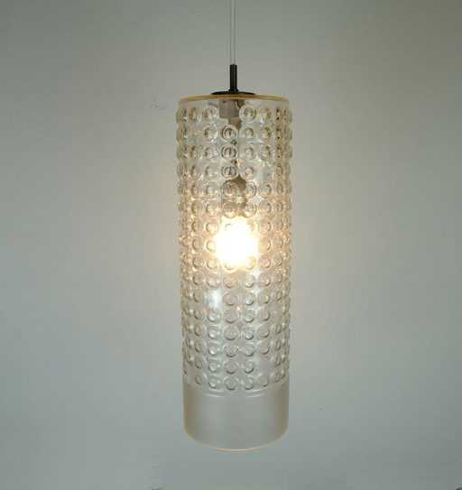 riesige zylindrische Stablampe, Hängeleuchte, Blasenglas, geätztes Glasdesign, Rolf Krueger, 1967