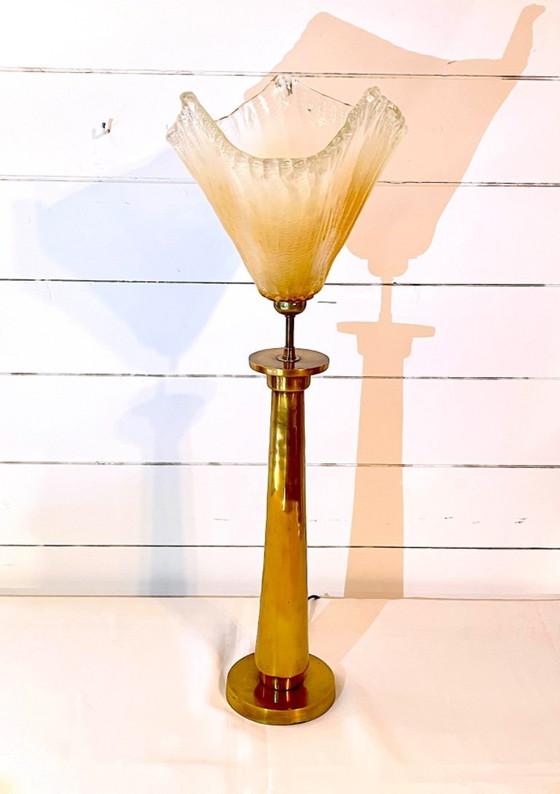 Image 1 of Rara lampada da tavolo in ottone e vetro di Murano della metà del XX secolo, attribuita a Fontana Arte, Italia,