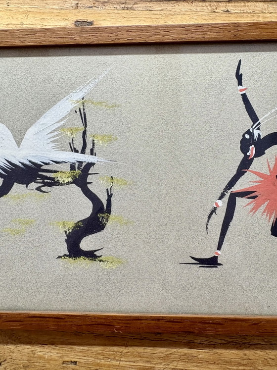Mid-Century Modern Langwerpig Schilderij Gestileerde Figuren (Jaren '50/'60) – Schilderijen & Tekeningen (photo 3 of 10)