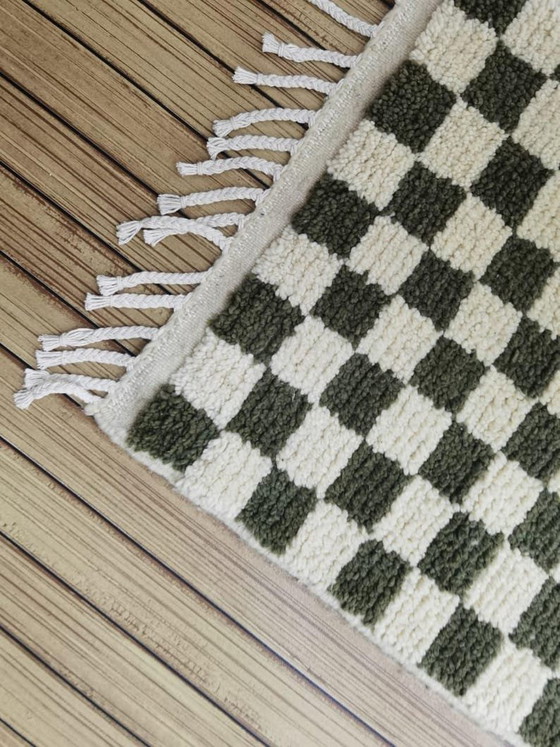 Image 1 of Handmade Moroccan wool rug: 300/70 cm abstract olive green checkered hallway runner