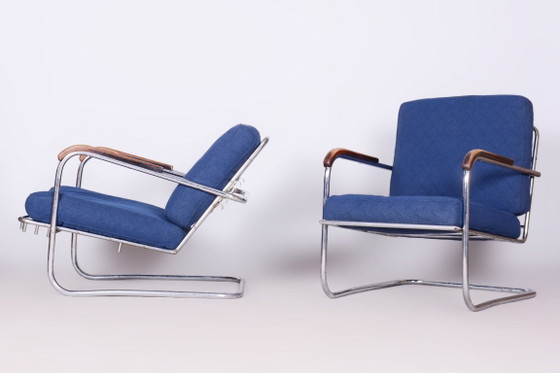 Origineel Bauhaus-paar fauteuils, verchroomd staal, Zwitserland, jaren 1930 – SAB Prague, Metal, Textile (photo 5 of 18)