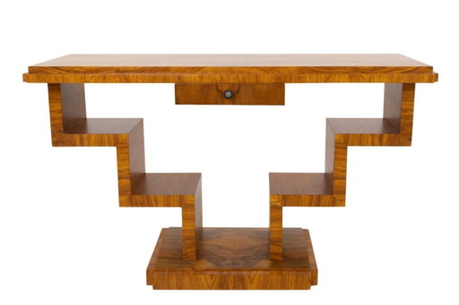 Geometric Walnut Art Deco Console Table, Poland, mid-20th century.