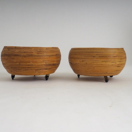 Pair of Italian Mid-Century Pencil-Reed Rattan Planters Attributed to Vivai Del Sud – plantenbak