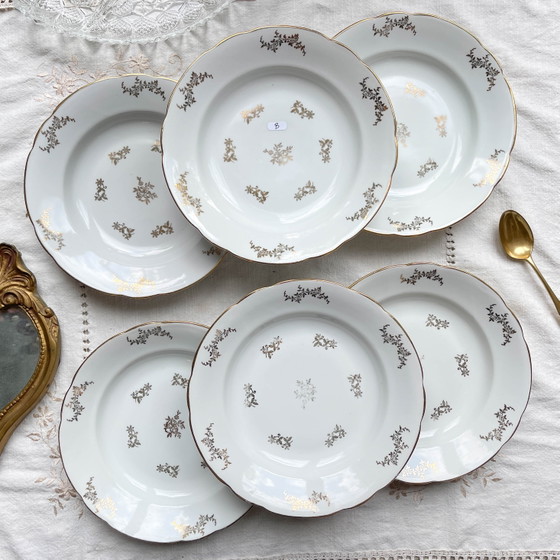6 Assiettes Creuses en Porcelaine Blanche Dorée J&Ciem France 1950 Motif Floral – Vaisselle (photo 6 of 9)