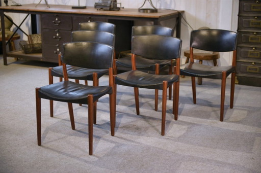Ensemble de 6 chaises Ejner Larsen et A. Bender Madsen pour Willy Beck design scandinave en cuir et palissandre 1960's