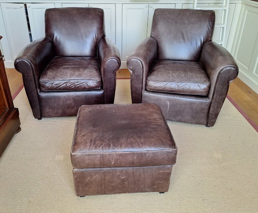 Restoration Hardware 2 fauteuils en cuir et hocker