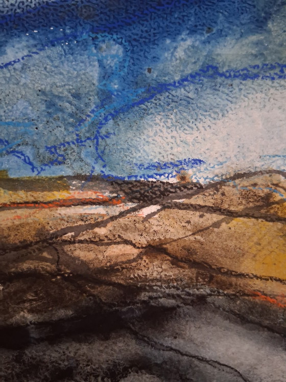 Image 1 of Big storm climes over the hills, mixed media watercolor with pastel on watercolor paper.