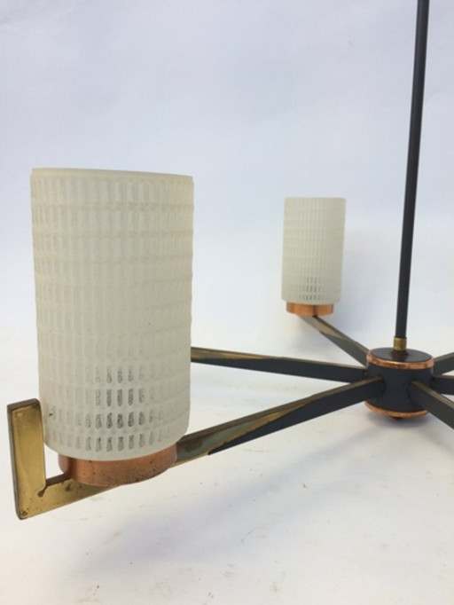Lampadario vintage in ottone e rame anni '50, stile Murano Arredoluce.