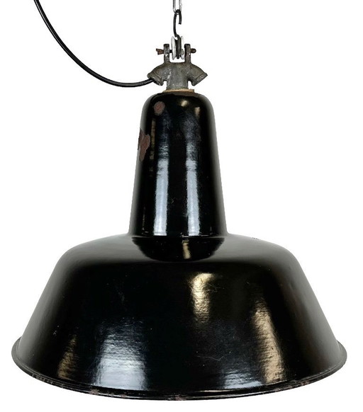 Industrial Black Enamel Factory Lamp with Cast Iron Top, 1950s