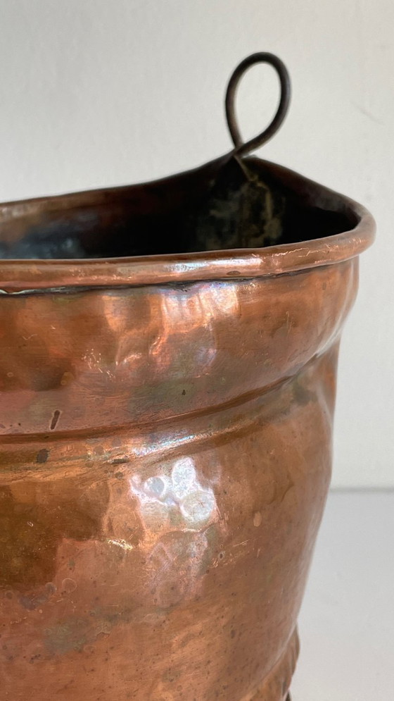 Image 1 of Hangende koperen en stalen plantenpot