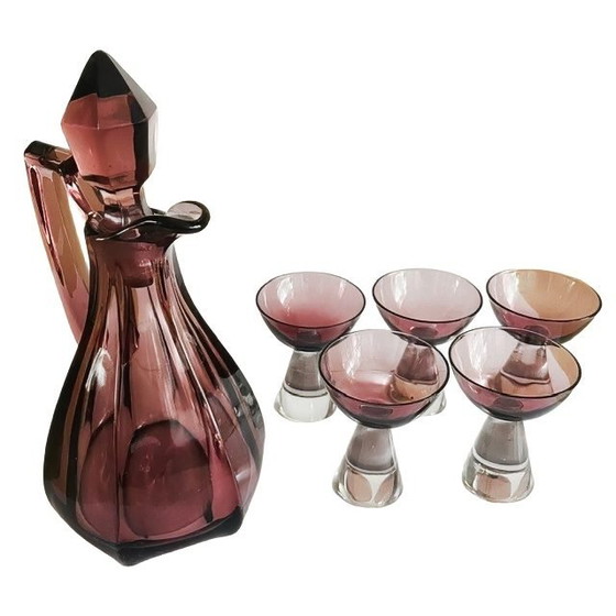 Image 1 of Vintage art deco stijl glazen karaf moerbei paars set van 6 1950's