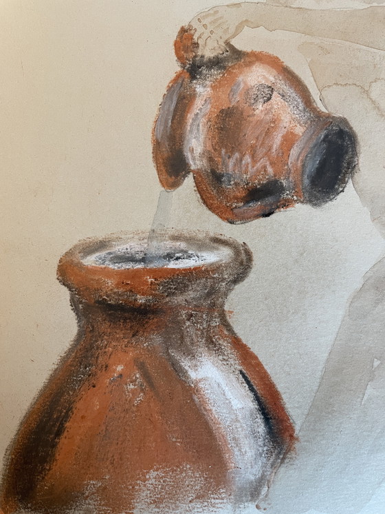 Image 1 of Ritratto di donna e natura morta in stile orientalista con acquerello pastello