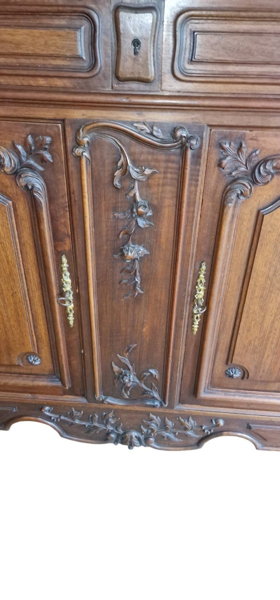 Large antique French Neo-Renaissance style sideboard cabinet, 1890s, Glass, Wood, Brown (photo 5 of 6)