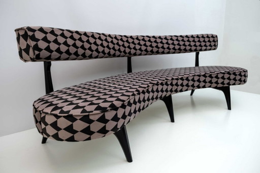 Curved Bench with Black and Beige Geometric Pattern