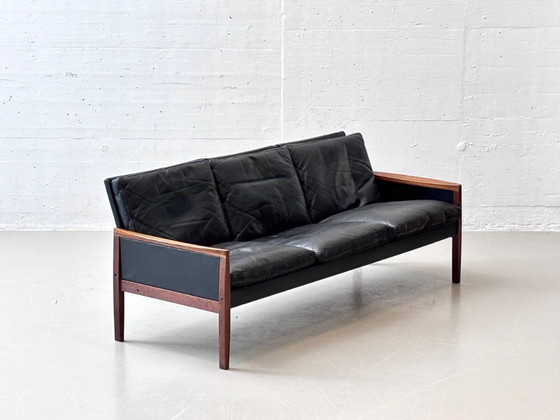 Image 1 of Canapé de style mid-century en palissandre et cuir de vachette noir, signé Hans Olsen pour Vatne Møbler, 1960