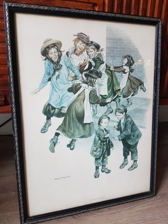 Image 1 of Ronald Embleton Lithograph - Signed in print - Vintage/Antique - Fox and Chickens - Children playing day scene Lithograph