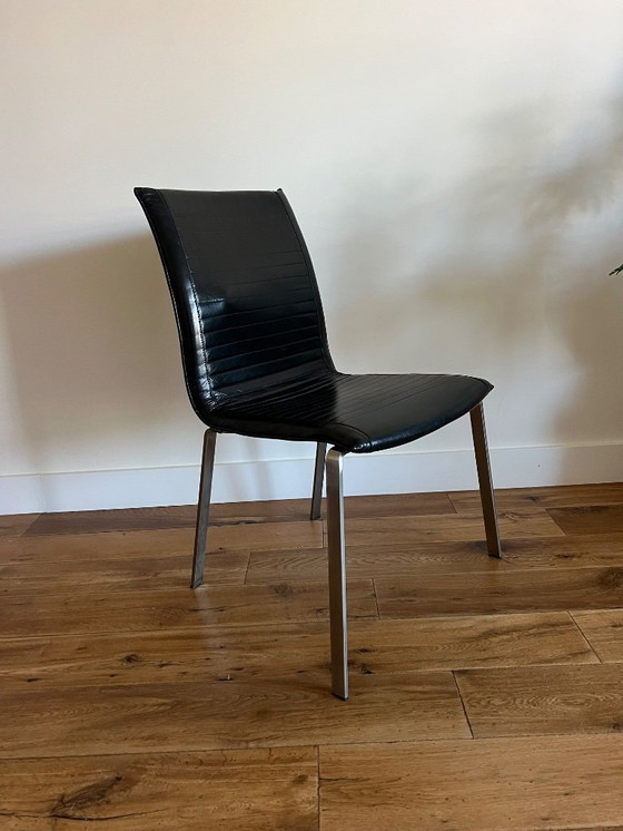 Image 1 of Vintage zwartleren eetkamerstoelen | prachtige staat  