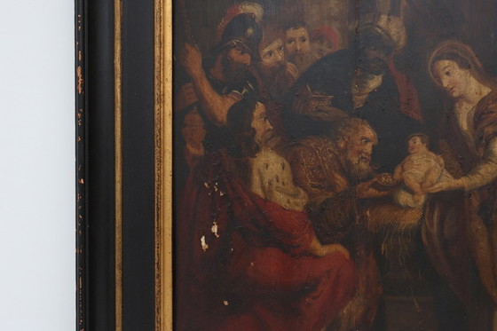 Image 1 of Pintura religiosa flamenca del siglo XVIII enmarcada al óleo sobre madera Adoración de los Magos