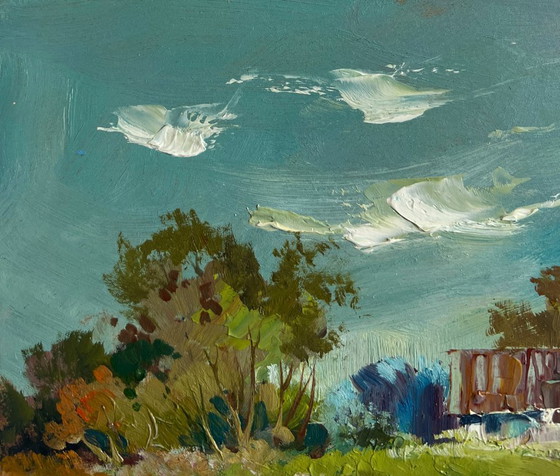 Image 1 of Origineel olieverfschilderij: Landschap met zomerhuisje - Rust op het platteland in de zomer