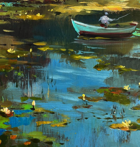 Image 1 of Original Oil Painting Summer River Landscape Quiet fishing