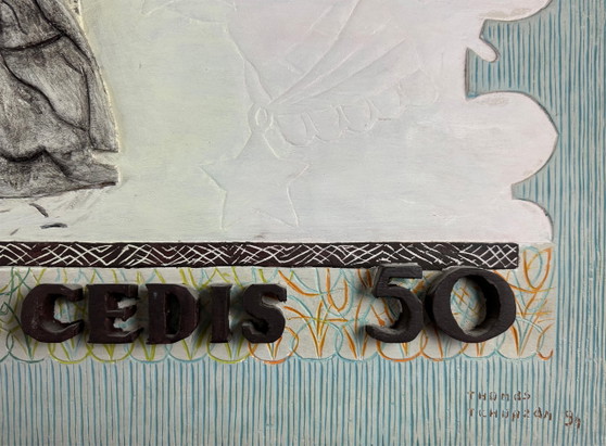THOMAS TCHOPZAN - "Bank of Ghana, Fifty Cedi" Côté arrière (bois dur, grand) – Objets d'art, Wood (photo 3 of 5)