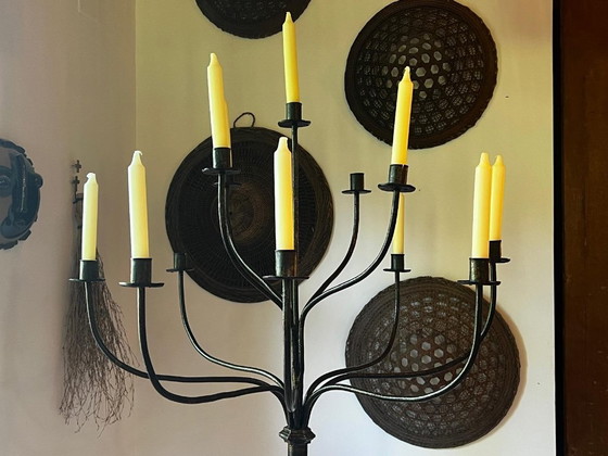 Image 1 of Thirteen-light wrought iron floor chandelier, 20th-century French folk art