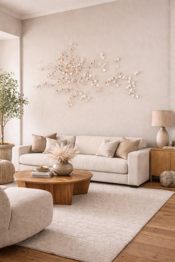 Image 1 of Dimensionaal modern organisch decoratief wandkunstwerk met textuur in wit, brons, espresso en goud - "Groei"