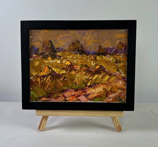 Original Oil Painting Evening Field Landscape A moment between light and darkness
