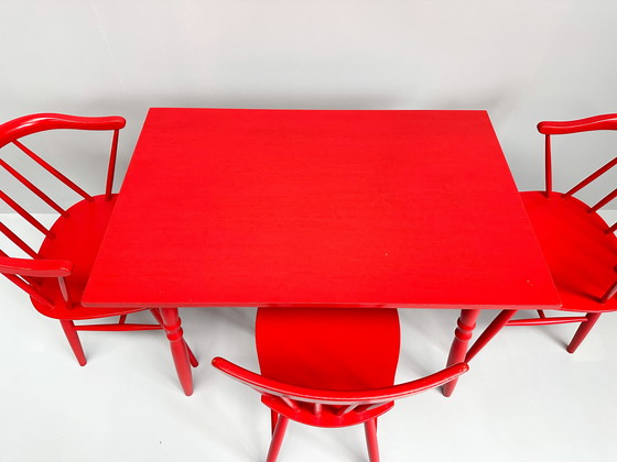 Image 1 of Vintage Set Of 3 Mid-Century Red Lacquered Chairs With Table 