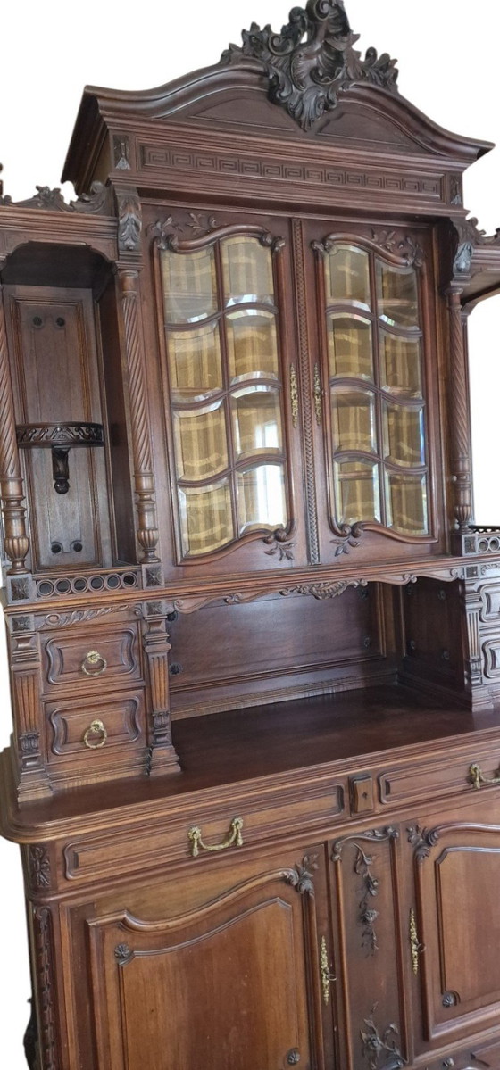 Large antique French Neo-Renaissance style sideboard cabinet, 1890s, Glass, Wood, Brown (photo 6 of 6)