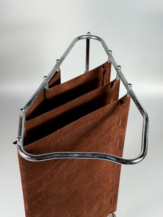Image 1 of 1960s/70s Newspaper Holder/Magazine Stand, Metal/Leather, Mid-Century Design
