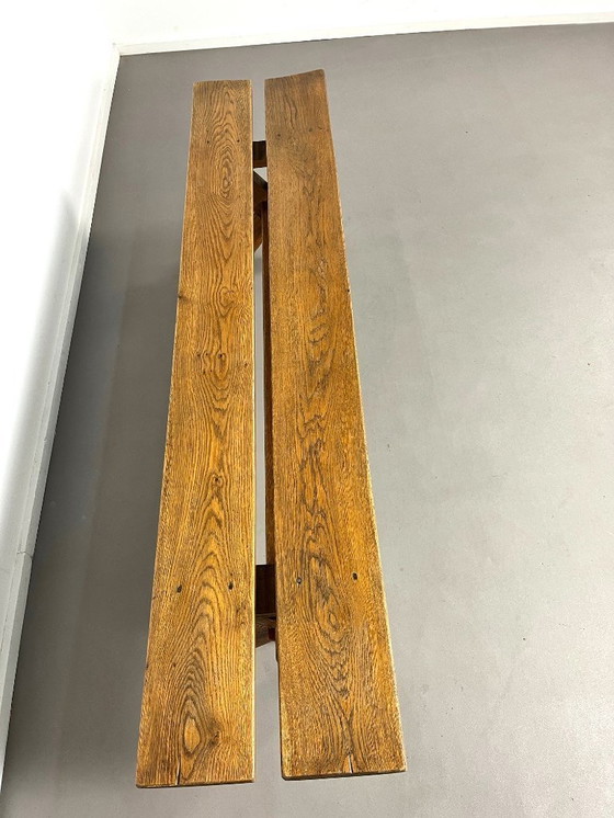 Image 1 of Franse brutalistische bank van massief eikenhout uit het midden van de 20e eeuw, jaren 60.