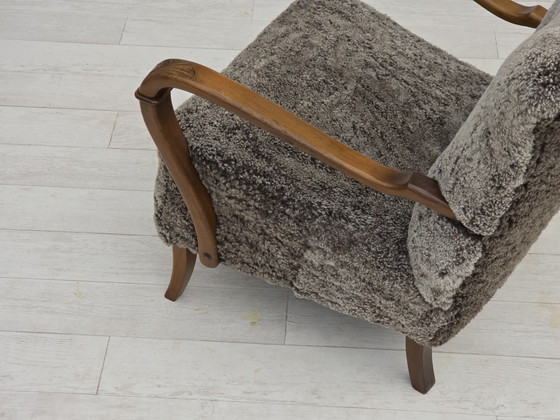 Image 1 of 1960s Reupholstered Danish Armchair in New Zealand Genuine Sheepskin