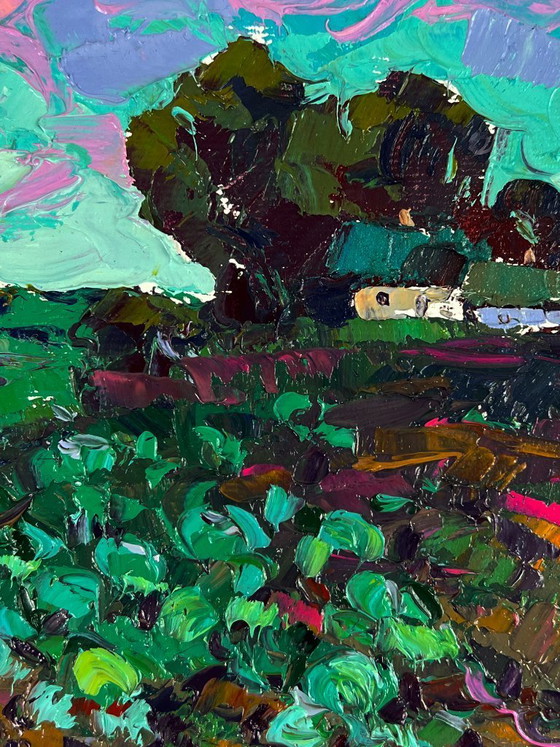 Image 1 of Original Oil Painting Rural Landscape Vegetable Garden in Front of the House